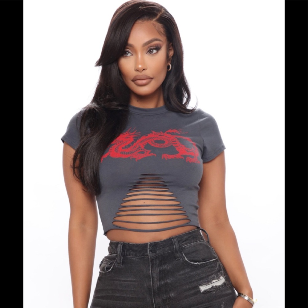 SOLD LAST ONE! Fashion Nova Red Dragon Ripped T-Shirt - Picture 7 of 9